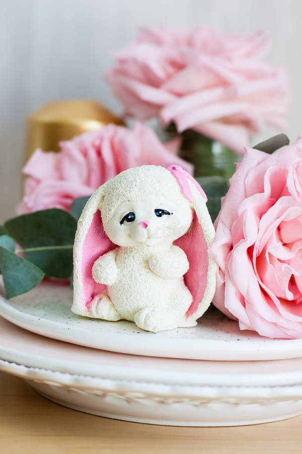 White Chocolate Tender Easter Bunny with Pink Ears. Fresh Roses and ...