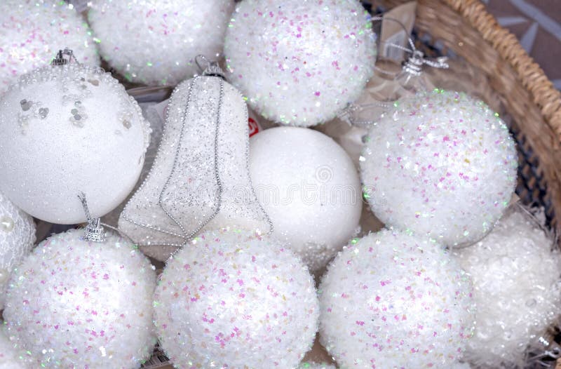 White christmas balls. New Year decorations in white colors royalty free stock images White christmas balls. New Year decorations in white colors royalty free stock images
