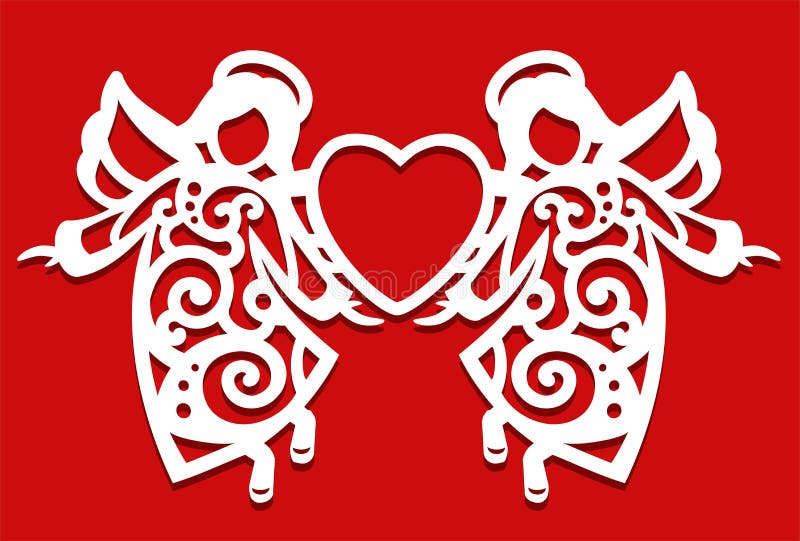 White Christmas flying two Angels on the red background. Angels keep the heart in their hands. Silhouette of Angel may