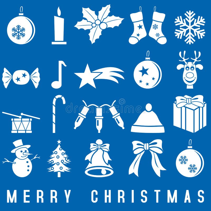 Bianco Natale icone e simboli set, isolato su sfondo blu.