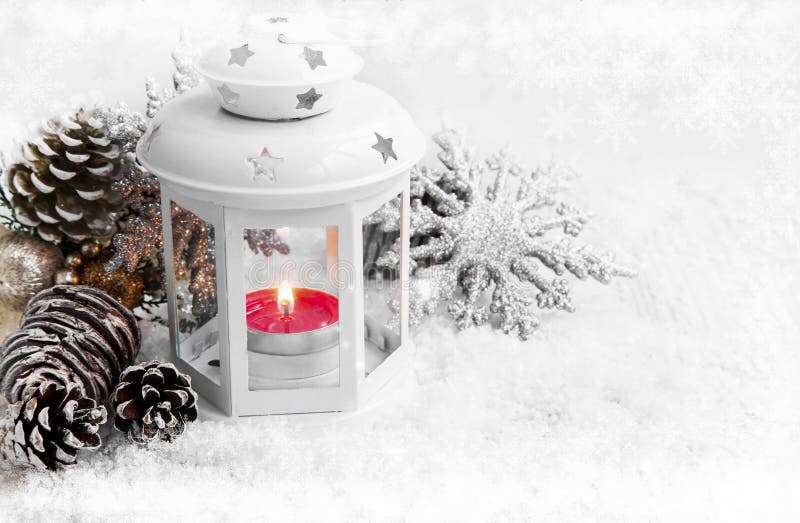 White Christmas Lantern with Ornaments on Snow and Ice Snowflake