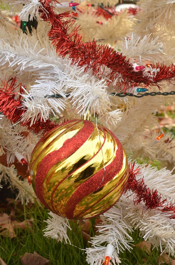 White Christmas Tree Color Lights Red And Gold Striped Ball Ornament Stock Image - Image of gold ...