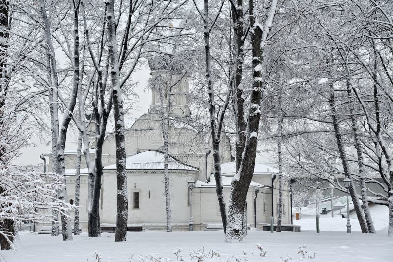 White Church of St. Anna Behind the Trees After Heavy Snowfall in Zaryadye