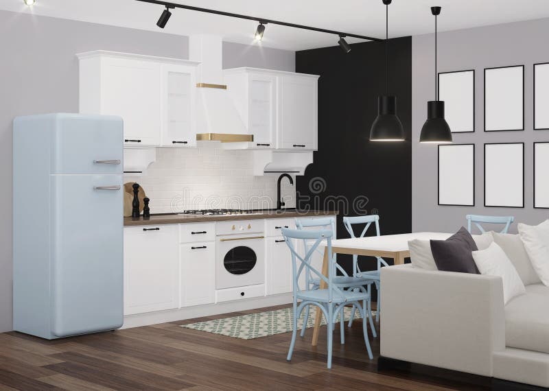 White Classic Kitchen Interior with Blue Fridge and Black Chalk Wall