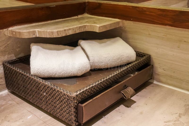 White Clean Towel at the Wash Basin in Luxury 5 Star Bathroom Stock