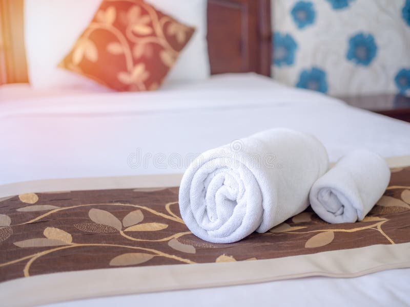 White Clean Towels on White Clean Bed in Hotel Room Stock Photo Image of healthy, bathroom