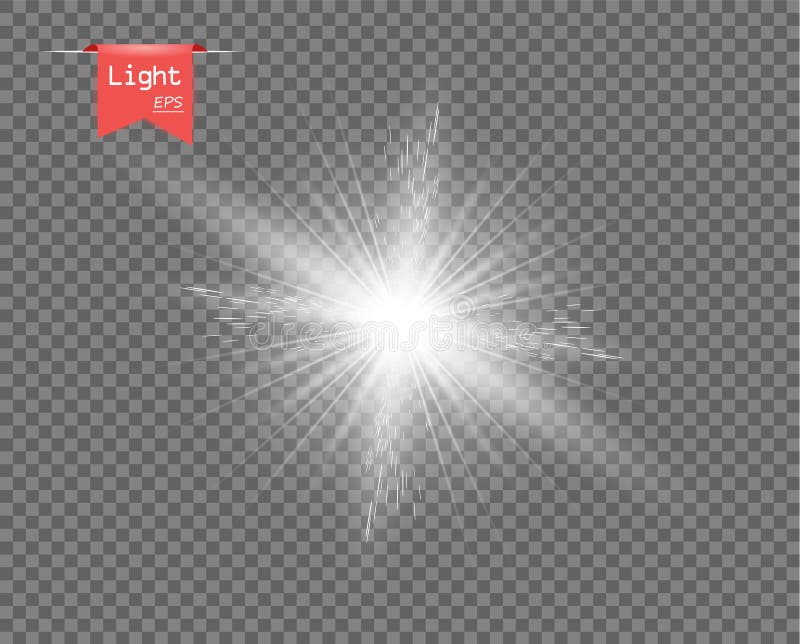 The white clear light of the sun. Bright explosion, sparkling flash with rays. Star Shine. Vector element, isolated background. stock illustration