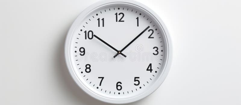 Un ceas alb atârnă de un perete alb stock images