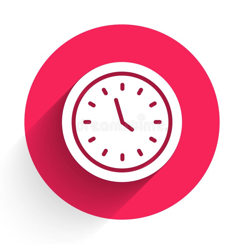 White Clock Icon Isolated with Long Shadow. Time Symbol. Red Circle