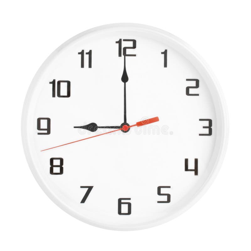 White Clock Isolated on White Background. 9 P.m. or 9 a.m. Stock Photo