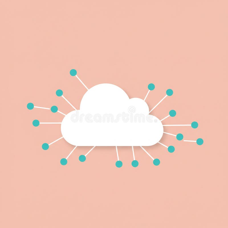 White cloud icon centered on a peach background, surrounded by blue circles connected vector illustration