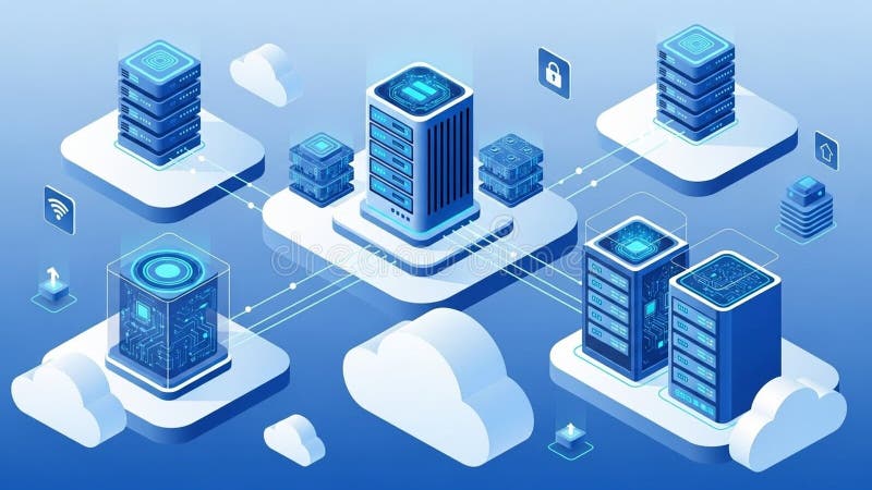 White cloud symbols represent cloud storage, while icons indi stock illustration