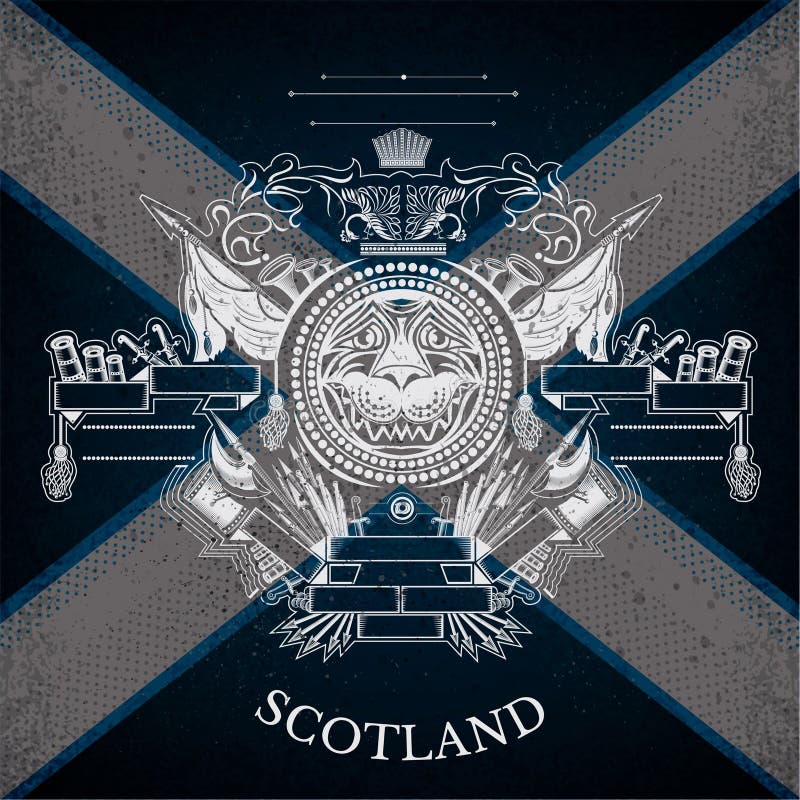 White Coat of Arms With Circle Lion Head and Vintage Weapons on Scotland Flag Background