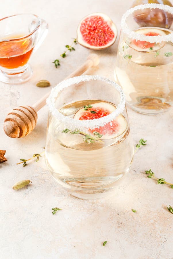 White Cocktail with Fig, Plum, Honey and Thyme Stock Photo Image of