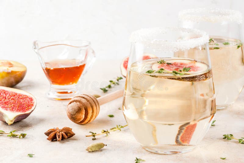 White Cocktail with Fig, Plum, Honey and Thyme Stock Photo Image of