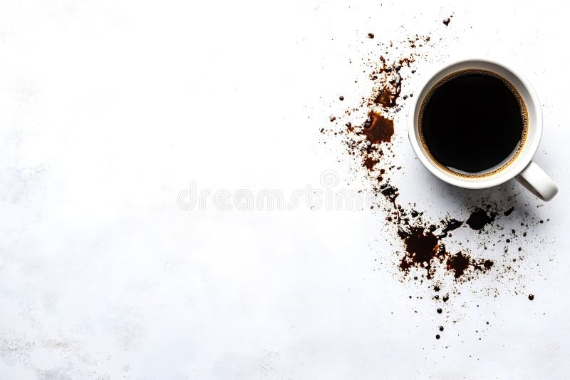 Coffee mug creating a mess with spilled coffee grounds on white background stock images