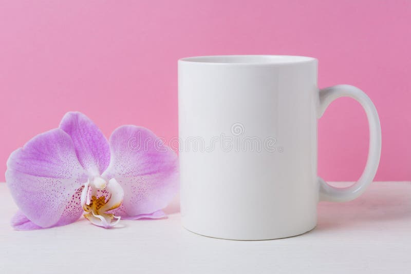 Download White Coffee Mug Mockup With Purple Orchid Stock Photo - Image of latte, background: 154134318