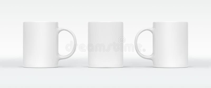 White coffee or tea cup on white background. Blank mug mock up with different sides. Empty gift pint set branding template. Glassy restaurant clean tankard for your design.