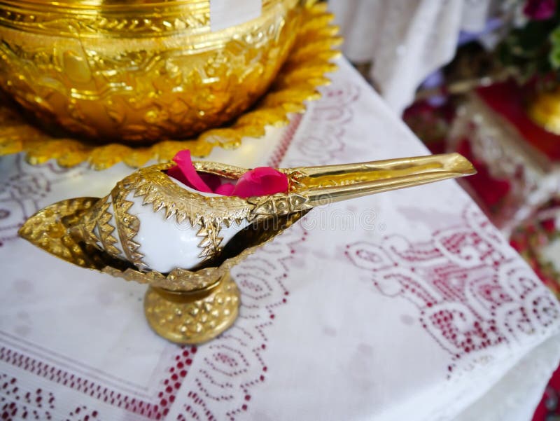White conch shell with golden pattern for put blessing water stock photos
