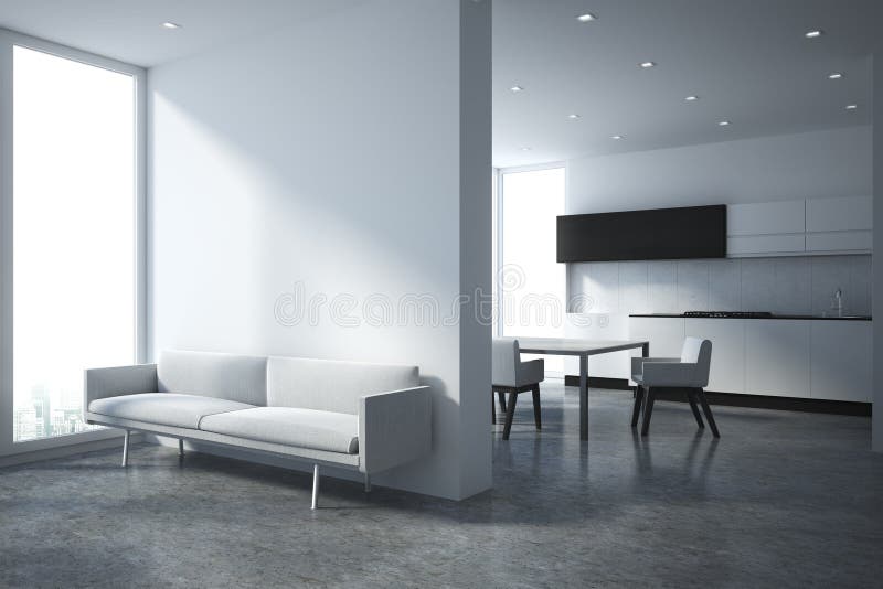 White Kitchen and Living Room Stock Illustration - Illustration of