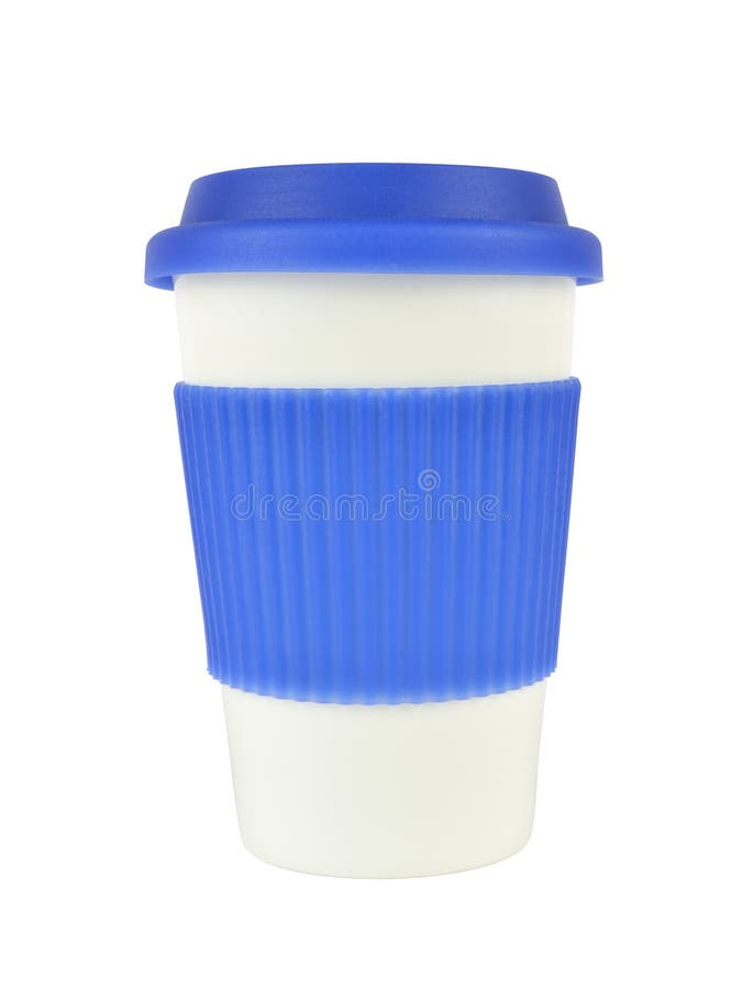 White Container with a Lid on White. White porcelain cup for coffee or hot drinks covered with its blue lid and thermo sleeve, isolated on white royalty free stock photography White Container with a Lid on White. White porcelain cup for coffee or hot drinks covered with its blue lid and thermo sleeve, isolated on white royalty free stock photography