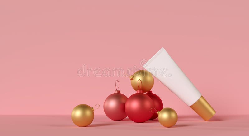 White cosmetic jar with gold cap for cream with gold and red christmas balls on pink background. 3d render.