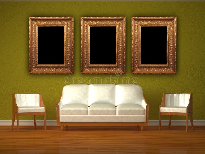 White couch and two chairs with picture frames