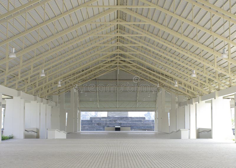 Entrance hall way of the new convention hall. white paving with cream metal structure. Entrance hall way of the new convention hall. white paving with cream metal structure