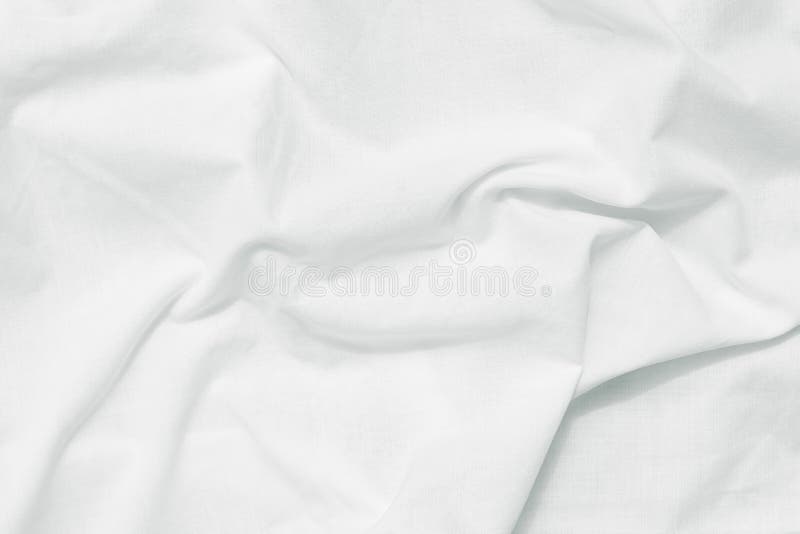 White Crumpled Bed Sheet Background, Top View. Natural Fabric Pattern