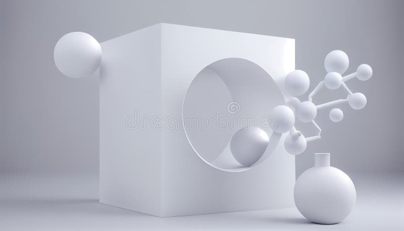 White cube box molecule wall splay podium mockup background cosmetic product stand 3d rendering molecular modern racked display royalty free illustration