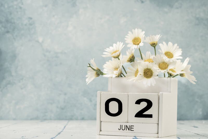 White Cube Calendar for June Decorated with Daisy Flowers Stock Photo ...