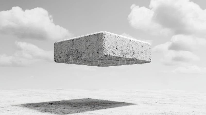 The image depicts a black and white scene featuring a large, rectangular block suspended in mid-air. The block appears to be made of concrete or a similar material and has a rough texture. It is positioned centrally in the frame, with a small shadow cast below it, suggesting a light source from above. The background is a cloudy sky, providing a stark contrast to the block and the ground below. The ground is a light gray color, possibly representing snow or a similar surface. Large rectangular light source stock images, royalty-free photos and pictures