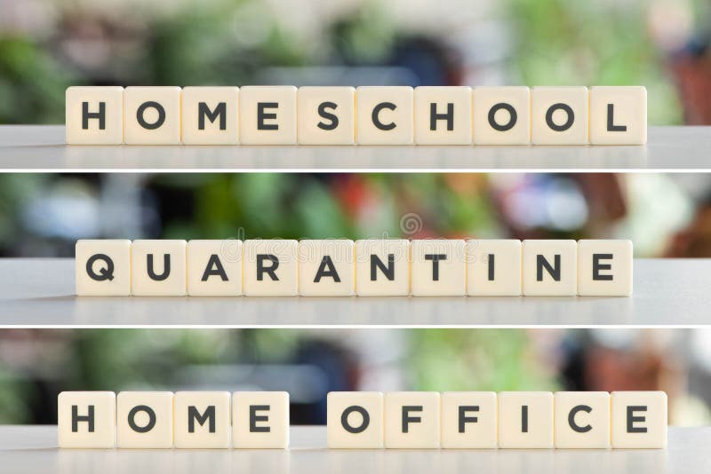 Of white cubes with homeschool, quarantine. Collage of white cubes with homeschool, quarantine, home office inscriptions on white surface royalty free stock image