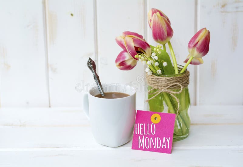 Inspirational Motivational Quote - Happy Monday. Start Today Right. with  Cup of Morning Coffee and Purple Flowers on White Table. Stock Image -  Image of light, happymonday: 214674595