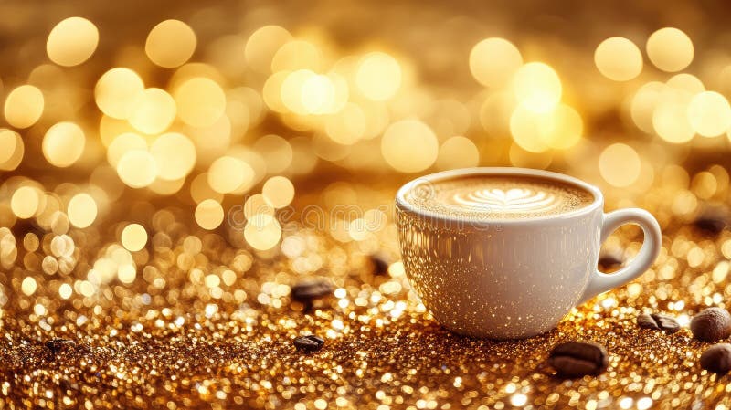 Weiße Tasse Kaffee im Hintergrund mit glitzerndem Glanz und goldenem Buh vektor abbildung