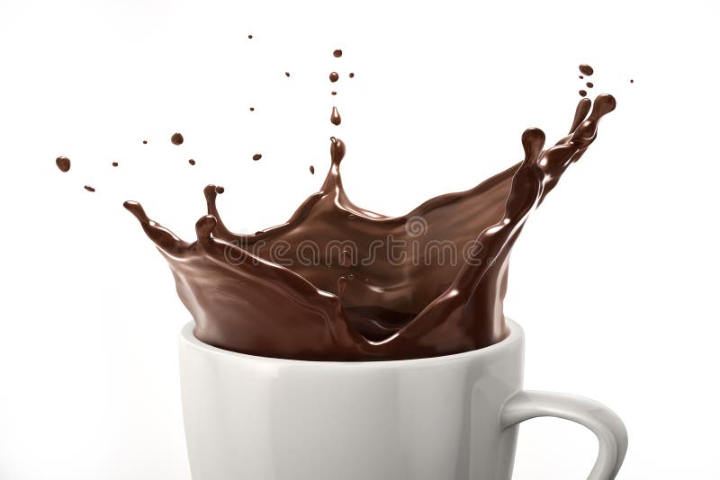 White cup with dark chocolate splash. On white background