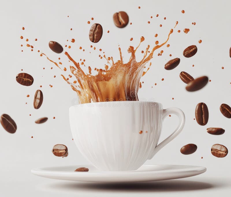 White Cup gefüllt mit einer Kaffeebohne und schwarzen Kaffee-spritze erstellt als 3D-Abbildung mit Clipping-Pfad lizenzfreie abbildung