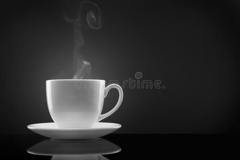 White cup with hot liquid and steam on black. Warm steam stock images, royalty-free photos and pictures
