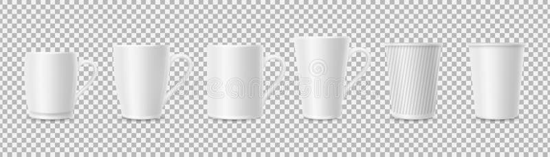 White cups. Realistic 3D cup mockups isolated on transparent background. Coffee, tea mugs vector set