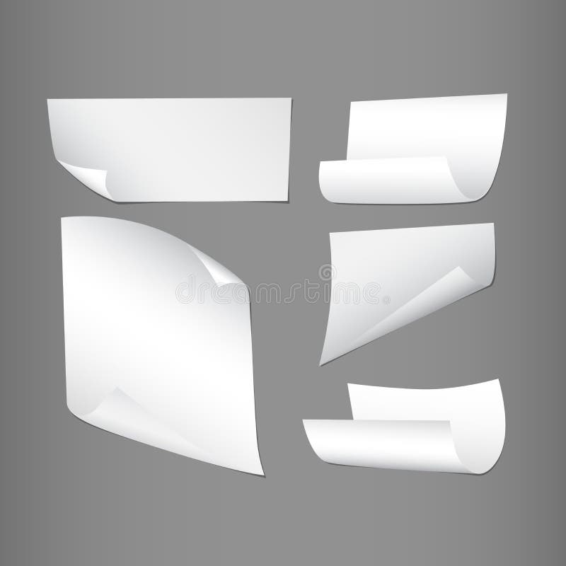 White curl, bend paper notebook sheets for note or message on gray background. stock illustration
