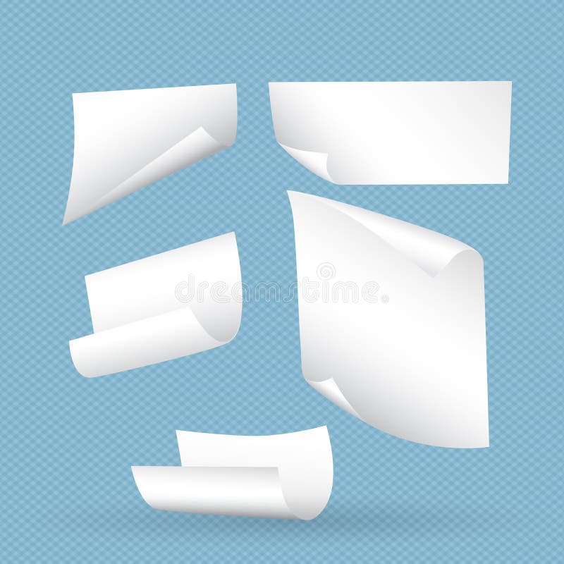 White curl paper notebook sheets with shadow for note or message falling stock illustration