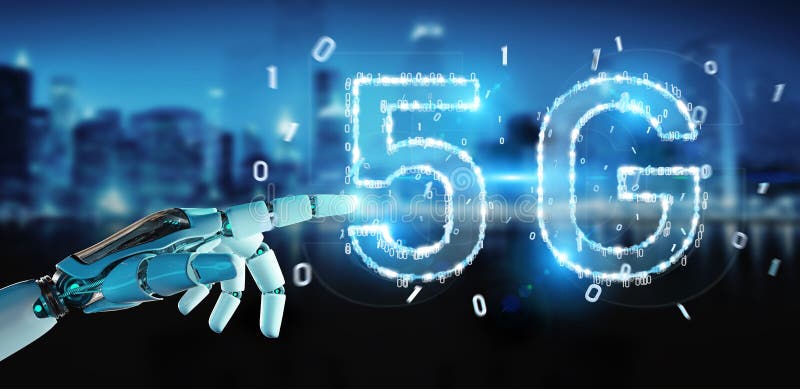 White cyborg hand using 5G network digital hologram 3D rendering royalty free illustration White cyborg hand using 5G network digital hologram 3D rendering royalty free illustration
