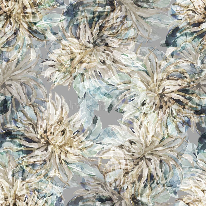 Dahlia flowers on gray background. Seamless pattern for decor.