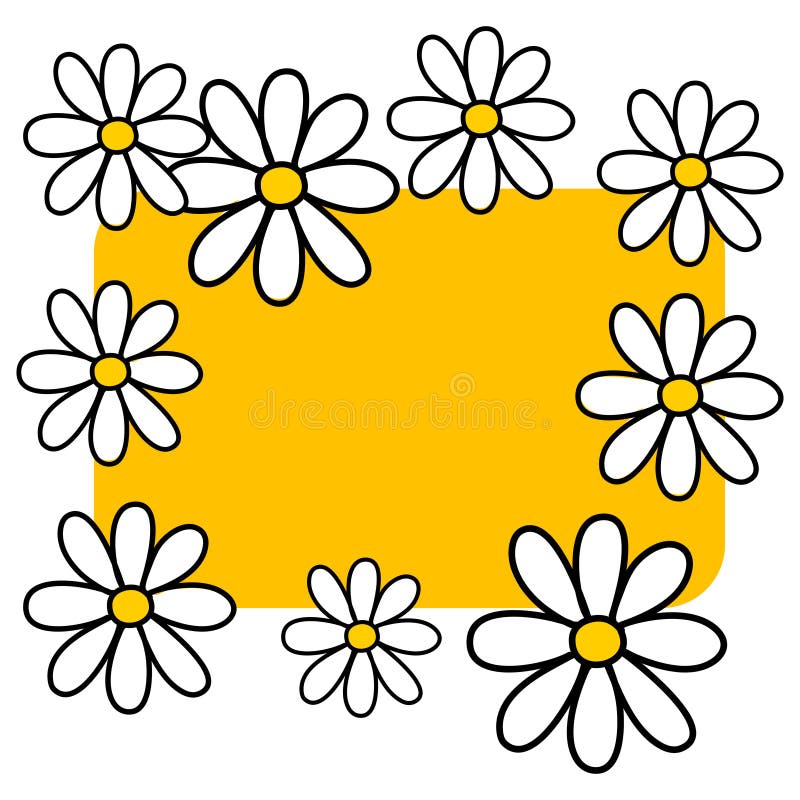 White daisy and camomile flower frame hand drawn style vector on yellow background white