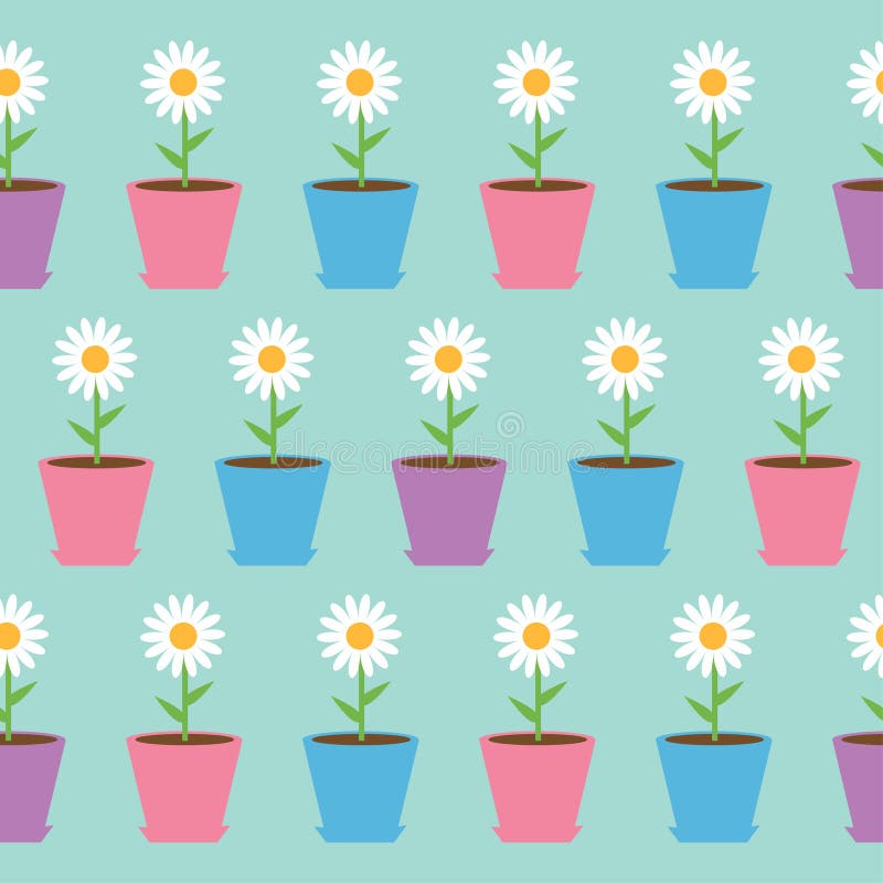 White daisy chamomile flower in pot. Camomile Seamless Pattern Wrapping paper, textile template. Blue background. Flat design.