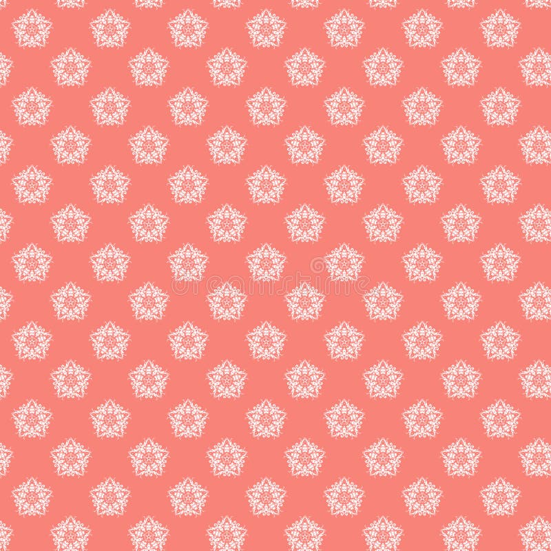 White Damask Geometric Pattern on Coral Background, Geometric Ornament