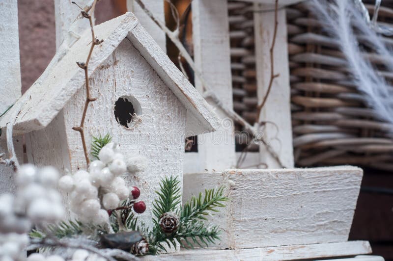 White decorative birdhouse for christmas decoration stock photo White decorative birdhouse for christmas decoration stock photo