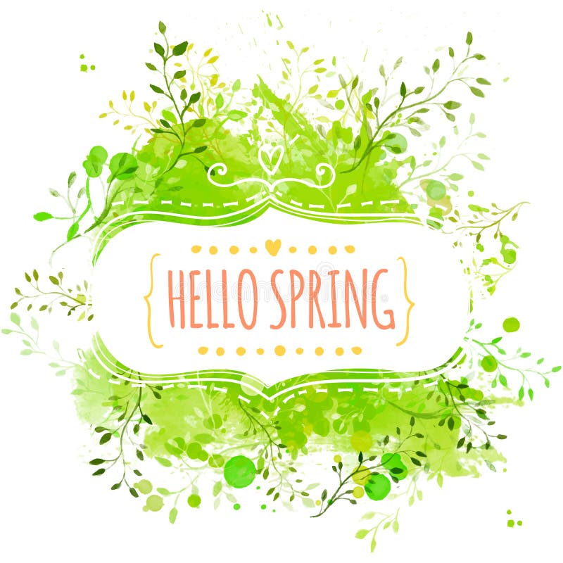 White decorative frame with text hello spring. Green paint splash background with leaves. Fresh vector design for banners