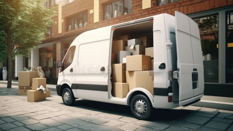 Delivery Van with Cardboard Boxes on Urban Street