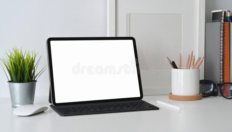 White Desk with Tablet, Keyboard and Accessories stock illustration